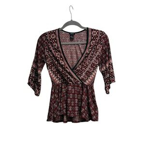 Rue 21 Womens Y2K Babydoll Peplum Top Romantic Grunge Paisley Dark Red Sheer XS